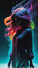illlustration silhouette of girl soak in water with dark background and colorfull fluid