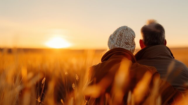An older couple is sitting in a field during sunset, wearing warm clothing, enjoying the serene glow and reminiscing, symbolizing enduring love and companionship.