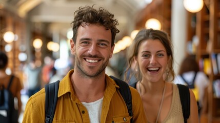 A cheerful couple, carrying backpacks, are walking through a large library lined with books, smiling and enjoying a peaceful and educational afternoon in a scholarly environment.