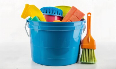Abstract Plastic Buckets Filled with Cleaning Supplies. Sanitation Equipment and Tools, Disinfectant, Brushes, Water Buckets. AI-Generated 4K HD Wallpaper.