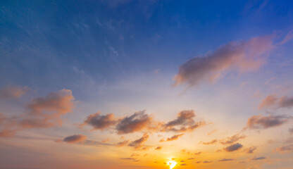 Morning clouds and sky background,Real majestic sunrise sundown sky background with gentle colorful clouds without birds. Panoramic, big size
