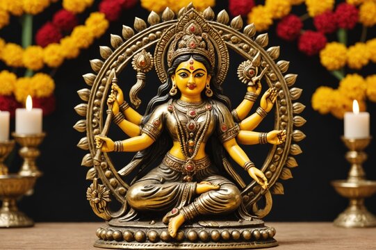 Happy Navratri Festival Banner, Idol statue of Goddess Maa Durga in navratri festival