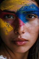 portrait of girl with colombian flag painted on her face