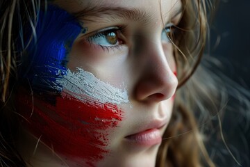 portrait of girl with french flag painted on her face
