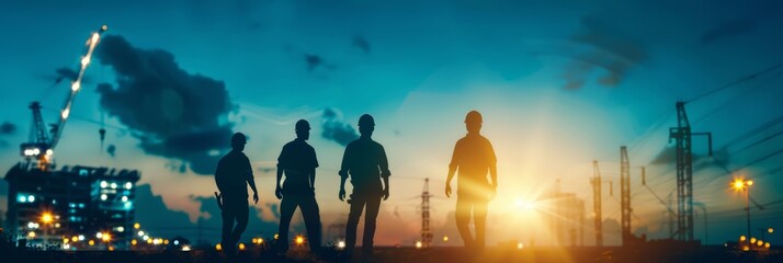 Silhouette of engineer and construction team working at site.