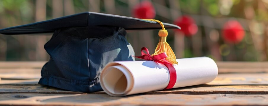 Graduation cap and diploma on a wooden table, symbolizing academic achievement and success.