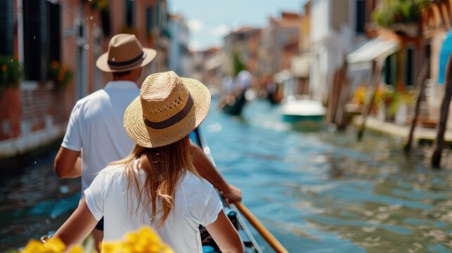 A couple exploring the scenic Venice canals in a traditional boat, wearing hats and enjoying a sunny day, representing travel, adventure, and cultural immersion in Italy.