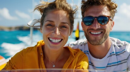 Obraz premium A happy couple, enthusiastically smiling, enjoys a sunny boat ride, with vibrant blue water and clear skies, capturing a joyful moment on their adventure.