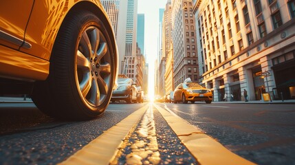 Low-angle view of city street with taxis at sunset, showcasing urban life and architecture in warm...