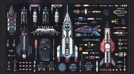 Detailed pixel art collection of spaceship parts and components