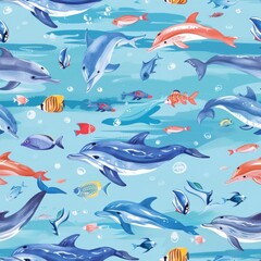 Obraz premium Serene Underwater World: Playful Dolphins and Colorful Fish Dancing in the Clear Blue Ocean