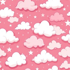 Whimsical clouds and stars in a pink sky