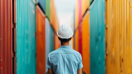 Rear View of Worker in Hard Hat Walking Between Containers
