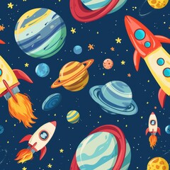 Whimsical Cartoon Planets and Rockets Dancing in Outer Space Illustration