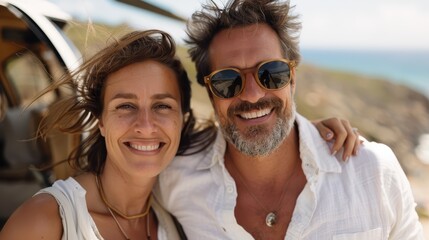 Obraz premium A cheerful couple posing for a selfie near a helicopter on a beautiful coastal landscape, enjoying their adventure and the stunning views.
