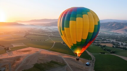 Obraz premium A vibrant hot air balloon floating gently in the sky, providing a breathtaking view of the expansive landscape below, representing freedom and exploration.