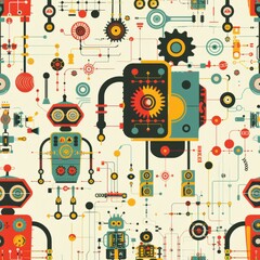 Obraz premium Futuristic Playtime - Playful Robots with Gears and Circuits