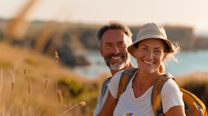 Obraz premium A cheerful couple hiking together with backpacks through grassy fields by a serene lake, enjoying their outdoor adventure and the beautiful landscape.