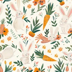 Fototapeta premium Joyful Bunnies Frolicking Among Carrots and Flowers in a Spring Meadow