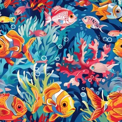 Vibrant Underwater Life: Joyful Fish and Lush Seaweed in a Colorful Coral Reef