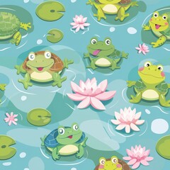 Obraz premium Happy Turtles and Frogs Frolicking in a Peaceful Pond - Cute Aquatic Wildlife Scene with Smiling Animals