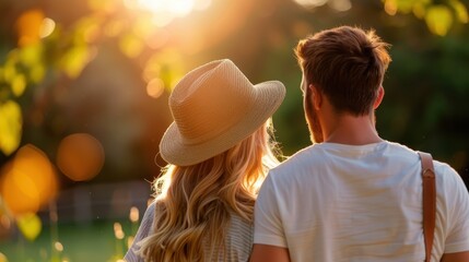 A couple basks in the golden hour, enjoying the serene landscape. The light captures their warmth and love, emphasizing the beauty of nature and shared moments.