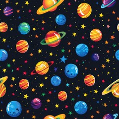 Cartoon-style stars and planets in a galaxy