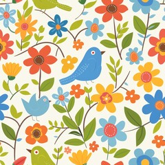 Joyful Spring: Vibrant Birds and Blooms in a Cheerful Garden