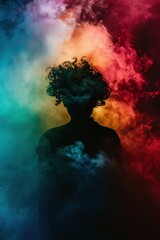 A man is smoking a cigarette and the smoke is creating a colorful and dramatic effect. The smoke is swirling around the man, creating a sense of movement and energy. The colors of the smoke are red