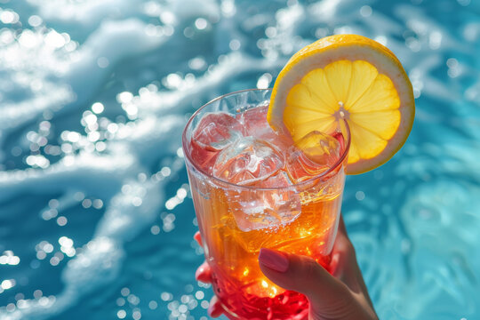 Woman hand holding glass of fresh cold drink on pool water background. Refreshing drink lemonade in hot summer day. Summer, vacation, holiday, resort.