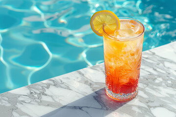 Glass of fresh cold drink on pool side with blue water background. Refreshing drink lemonade in hot summer day. Summer, vacation, holiday, resort.