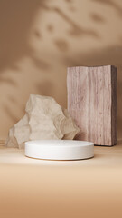Podium with stones, wood and coral. Podium for product demonstration. Design template. Empty stage display mockup with empty round stage.