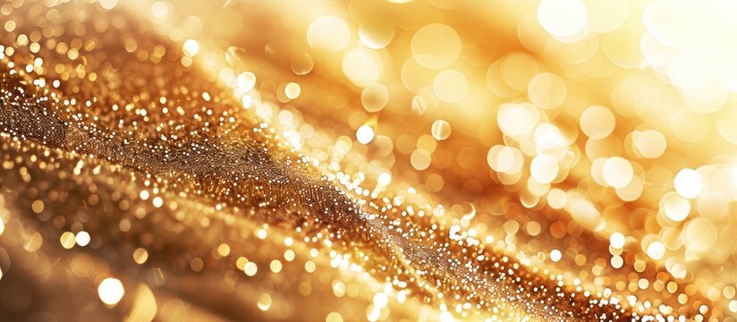 Luxurious golden background with sequins, providing a shiny fabric texture and copy space image.