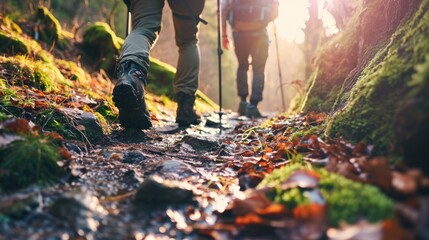 Couple in light activity as individuals or in pairs ie hiking, Nordic Walking or outdoor activities, nature, lifestyle, trek, hiking, forest, woman, active, outdoors, adventure