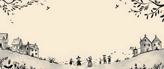 Fototapeta premium th Century Pilgrim Village Doodle Page Print Border Design for Mock Up Message Background