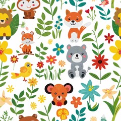 Naklejka premium Cute Baby Animals Enjoying Spring Blossoms in a Meadow