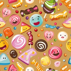 Naklejka premium Sweet Smiles - Cheerful Cartoon-Style Candy and Sweets with Happy Faces for Fun and Joyful Designs