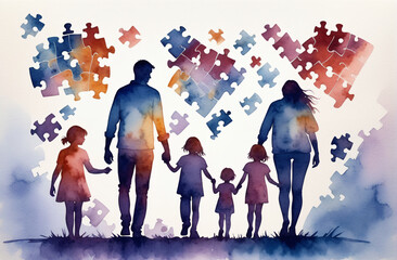 Naklejka premium watercolor drawing of a family holding hands and walking together through a difficult path in life with challenging puzzles