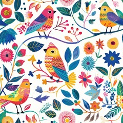 Vibrant Avian Paradise: Joyful Birds and Blooms in a Colorful Garden