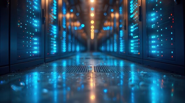 Data Security Concept - Close-up of Secure Server Room with Blue Lights for Text Overlay