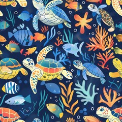 Fototapeta premium Vibrant Underwater Life: Cheerful Turtles and Fish in a Colorful Aquatic World