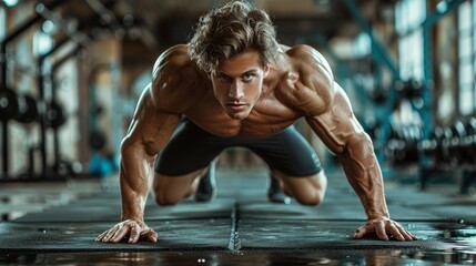 Strong man performs intense push-up exercise in gym, highlighting muscular physique and focus on fitness and body strength training.