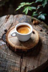 A white coffee cup with a brown swirl on top sits on a wooden table. Concept of relaxation and comfort