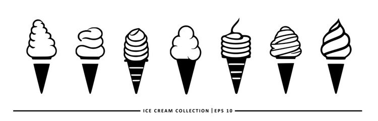 A collection of eight ice cream cones with different shapes and textures.