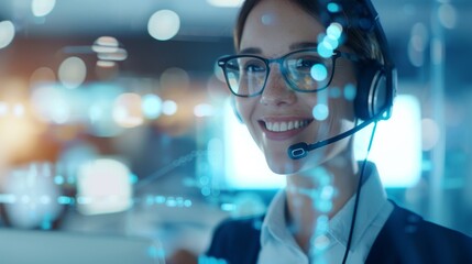 Smiling Customer Support Agent at Work - Professional Service Concept with Digital Line Art Overlay