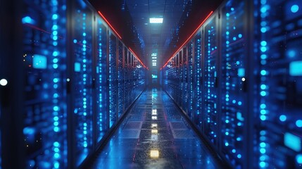 Illuminated Secure Server Room for Data Protection with Copy Space Available for Text Overlay