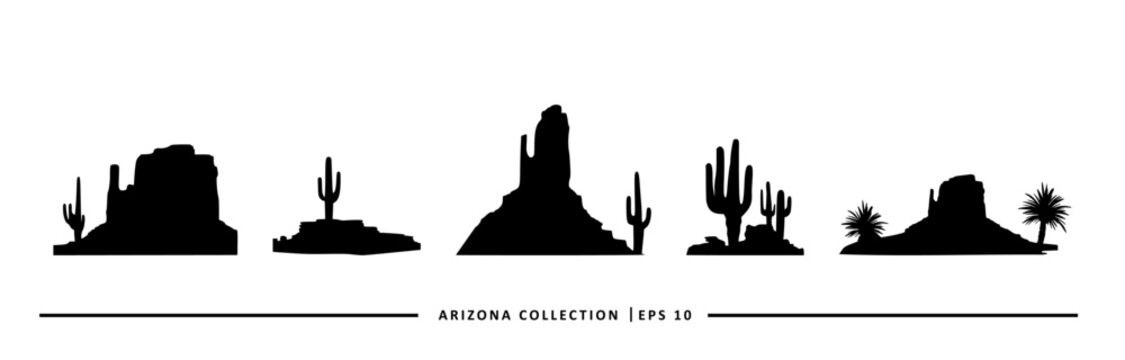 A set of five black silhouettes depicting iconic Arizona landscapes, featuring mountains, cacti, and palm trees.