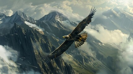 Fototapeta premium Mountain peaks flying with low clouds and eagle majestically generative ai