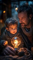 Fototapeta premium Father and Son Holding a Lit Lightbulb in a Dark Room
