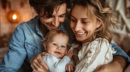 Happy family with parents lovingly holding their cute baby in a cozy home setting, showcasing joy and warmth.
